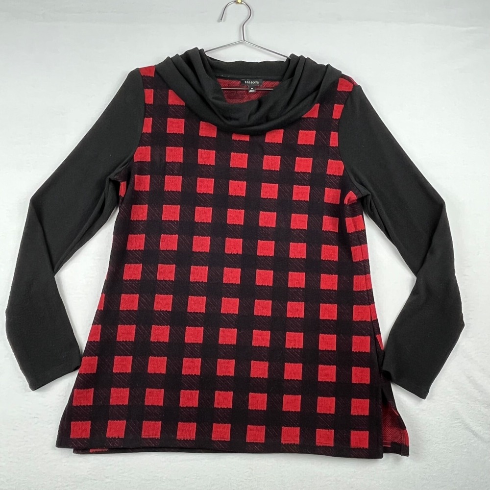 Talbots Sweater Women's Medium Red Black Plaid Knit Cowl Neck Pullover Tunic